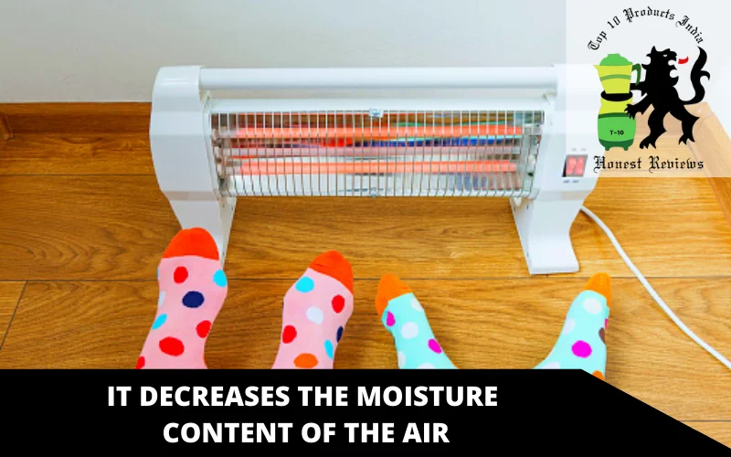 It decreases the moisture content of the air